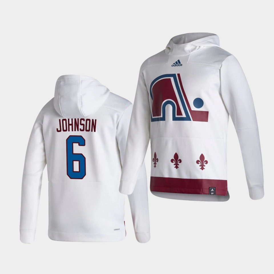 Men Colorado Avalanche #6 Johnson White NHL 2021 Adidas Pullover Hoodie Jersey